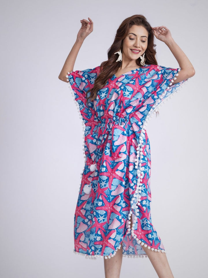 Women’s Cotton Beach Kaftan – Starfish Print | Lightweight Summer Cover-Up by Tura Turi
