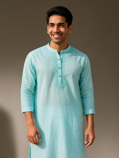 Embroidered Cotton Men's Kurta | Sky Blue