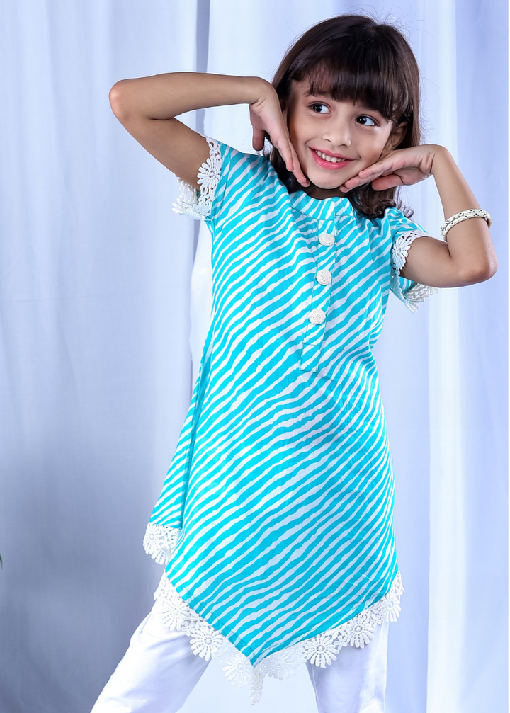 Cotton Malmal Kurta for Girls | Leheriya Blue