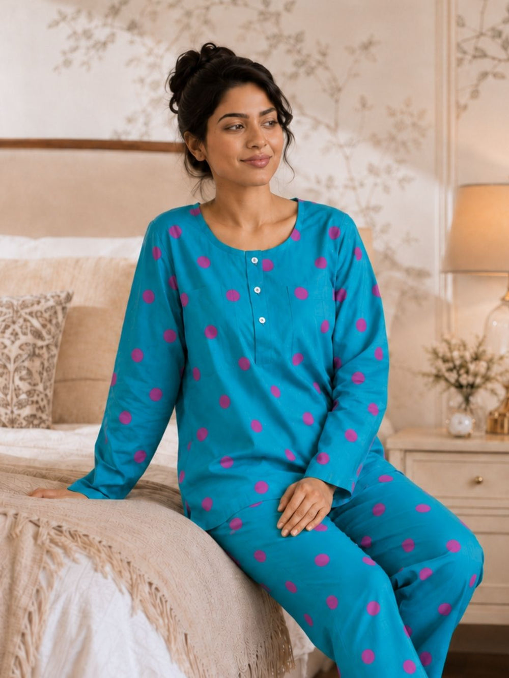 Woman sitting on a bed wearing the teal polka dot no-bra cotton night suit, chest pocket detail visible