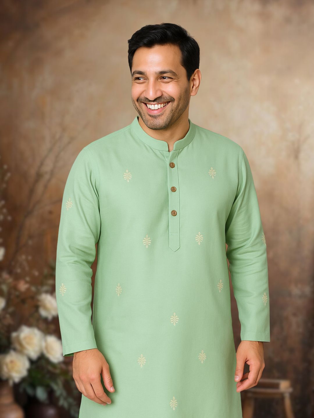Embroidered Silk Kurta for Boys, Men | Misty Jade Green