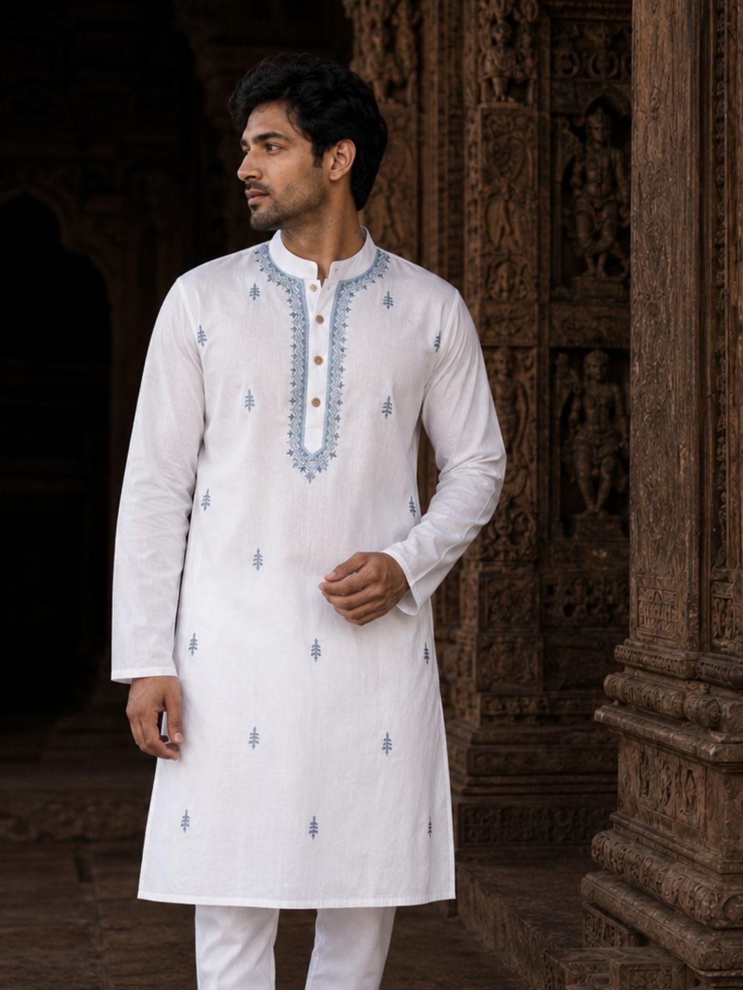 White &amp; Blue Embroidered Malmal Men&