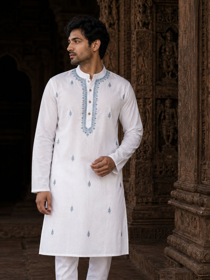 White &amp; Blue Embroidered Malmal Men&