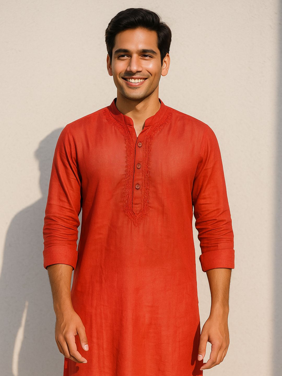 Embroidered Cotton Men's Kurta | Red