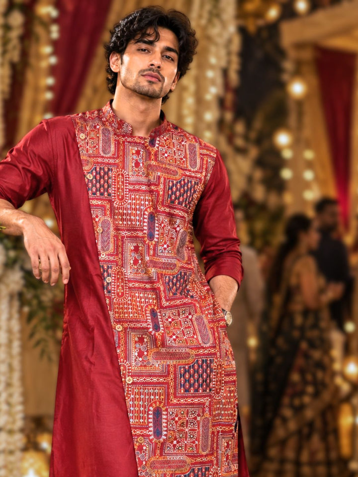 Maroon Utsav cupro silk kurta with Mandarin collar, asymmetrical buttoned crossover front and wide multicolour embroidered panel – photo 8 – Tura Turi