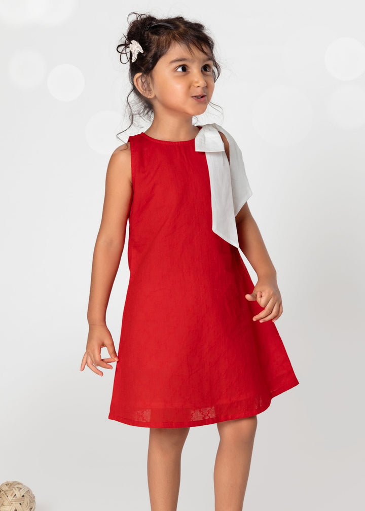 red dress with white bow, stylish cotton dress for girls, cotton lappet