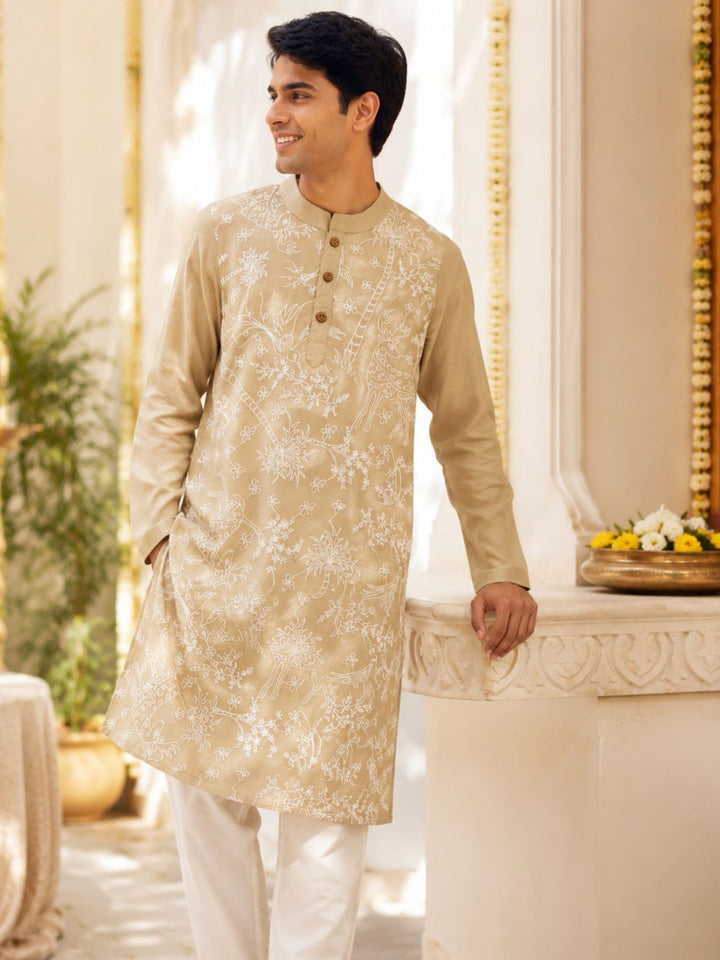 festive cream embroidered kurta for mehendi and haldi ceremony