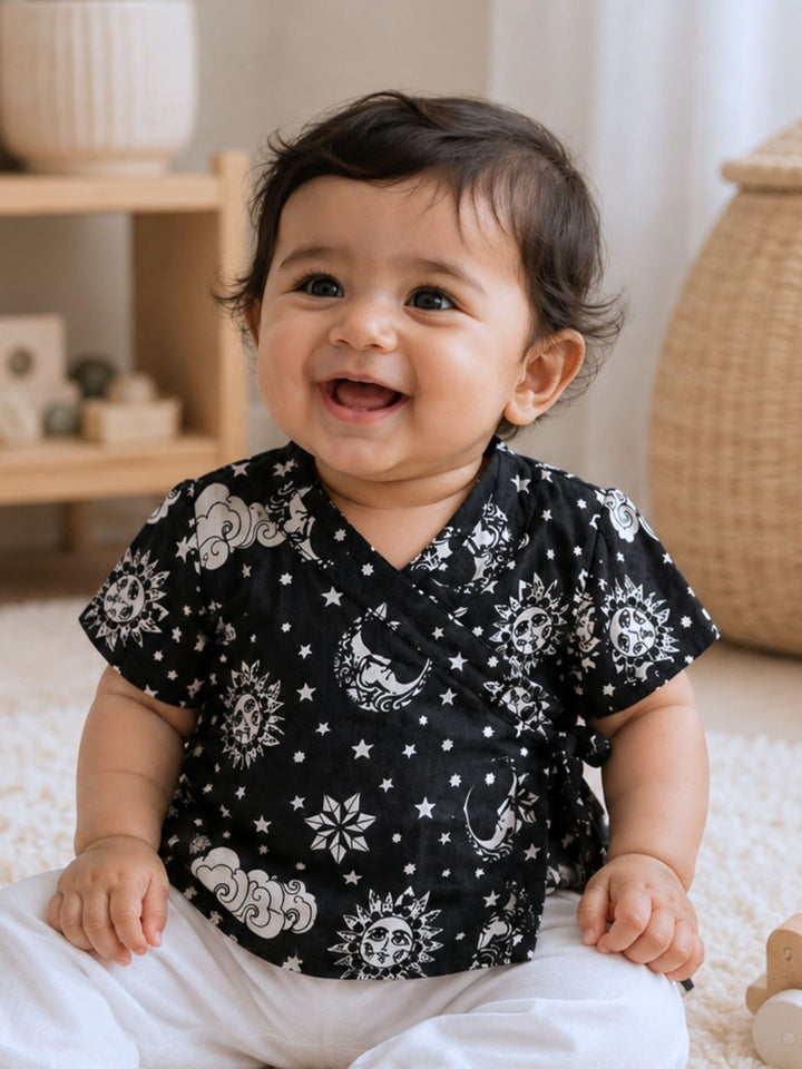 Nayantaara Black cotton muslin baby jhabla with side tie-up dori – Tura Turi