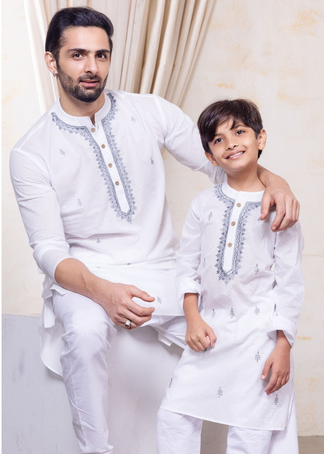 white cotton kurta with subtle grey embroidery