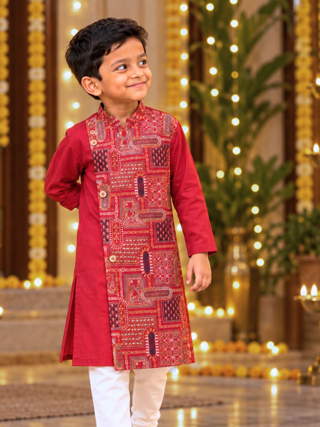 Maroon Utsav cupro silk kurta with Mandarin collar, asymmetrical buttoned crossover front and wide multicolour embroidered panel – photo 5 – Tura Turi