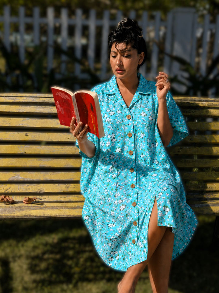 Button-down no-bra nightsuit dress for women in soft cotton beach loungewear