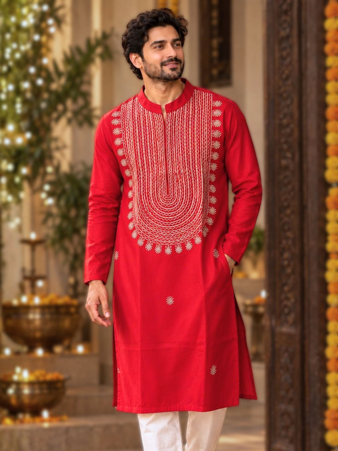 Boy and man in matching red cupro silk Tashan kurtas with beige-gold resham embroidery