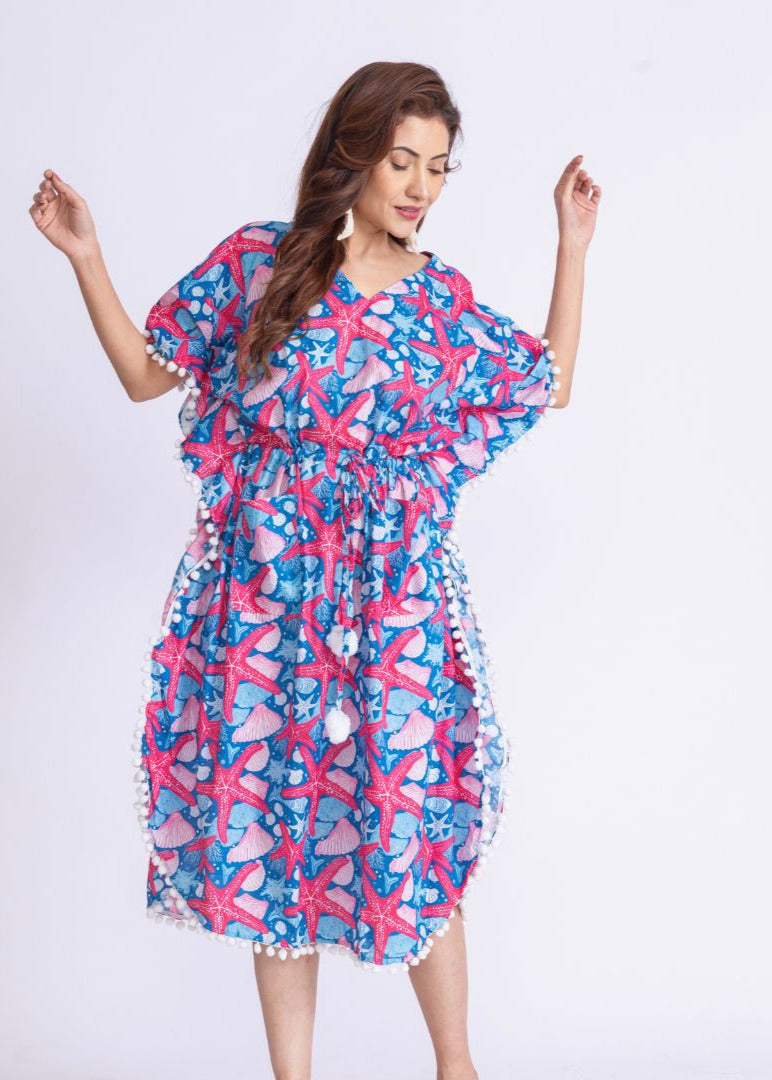 Women’s Cotton Beach Kaftan – Starfish Print | Lightweight Summer Cover-Up by Tura Turi