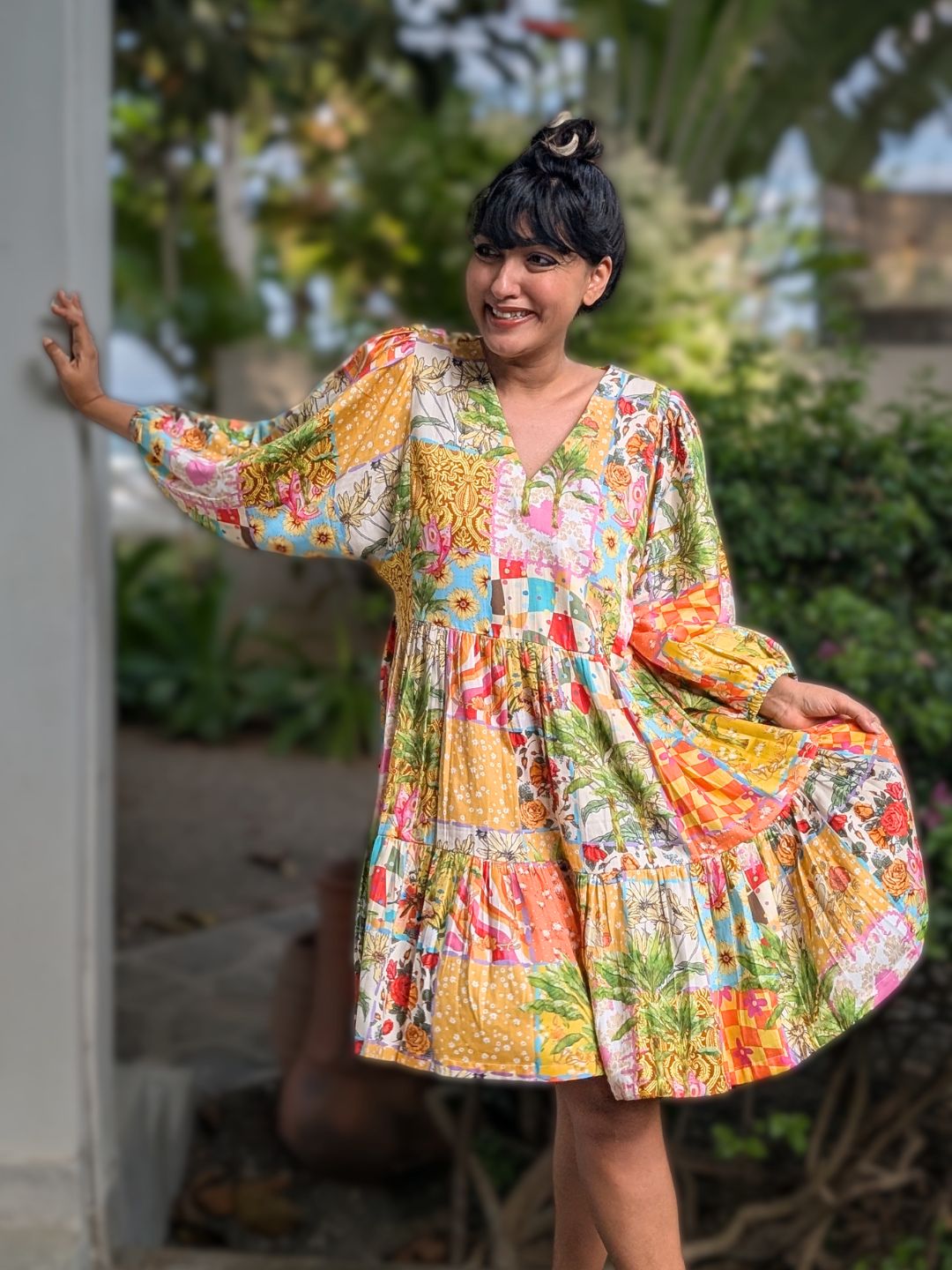 Breezy cotton mini dress for women with long balloon sleeves and relaxed summer fit