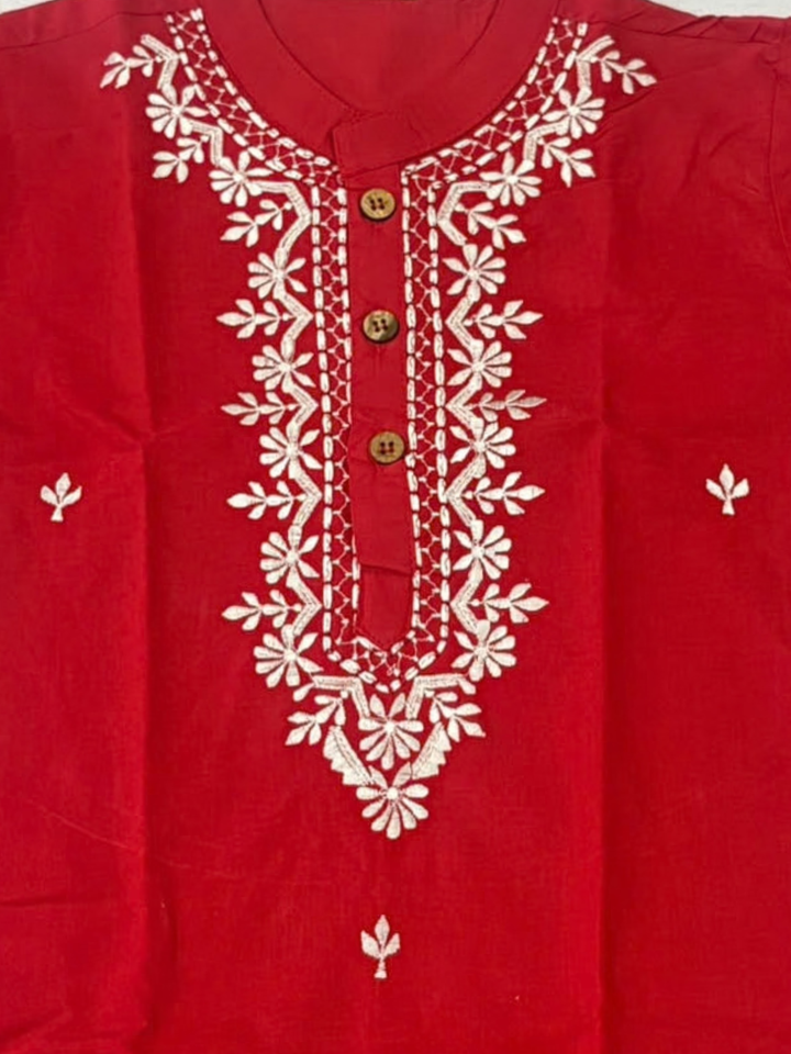 Red malmal embroidered kurta with mandarin collar and wooden buttons – side view – Tura Turi