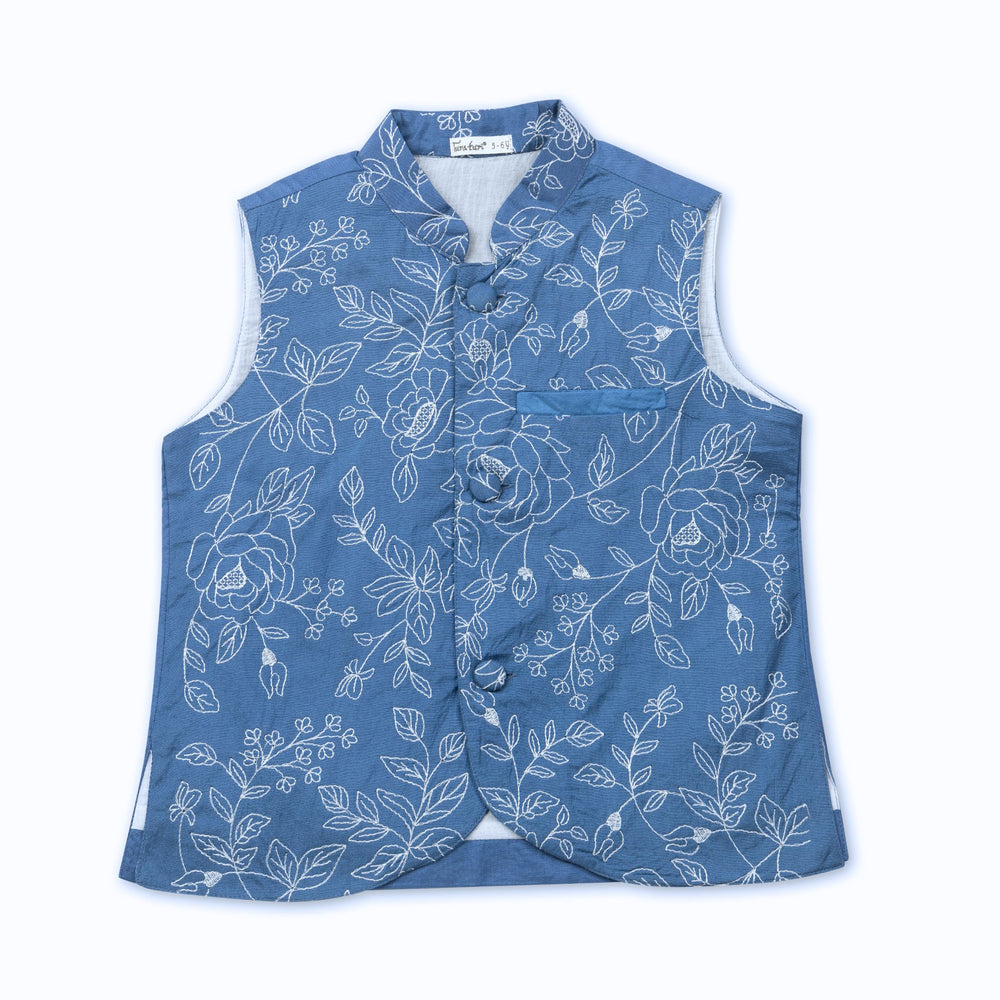 embroidered elegant blue modi nehru jacket for boys. resham rose embroidery