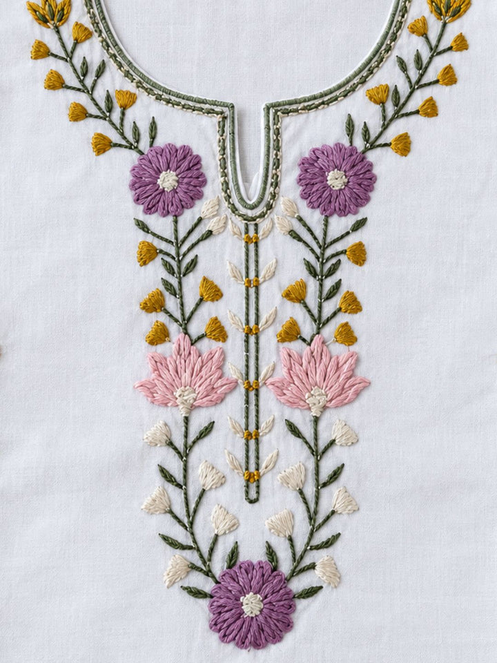Comfortable white pure cotton kurta for girls with handcrafted-style floral embroidery for everyday celebrations
