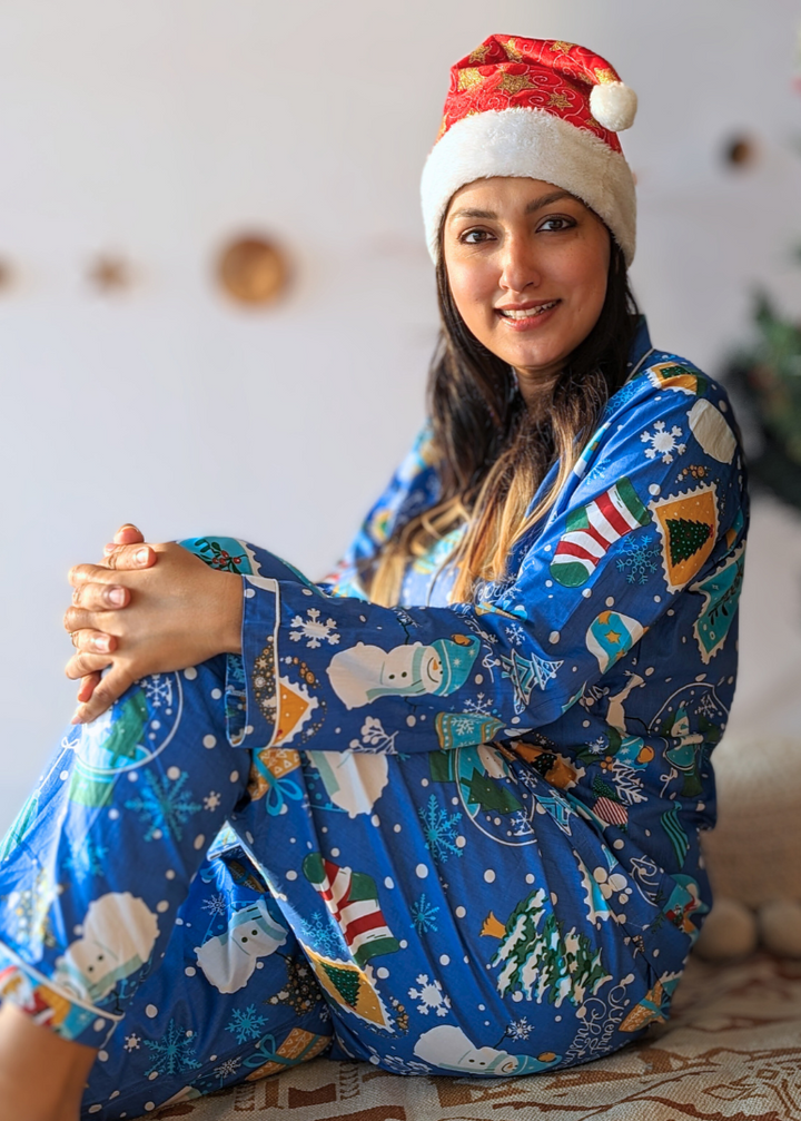 Cotton Night Suit, Women | Jingle Bells - Blue