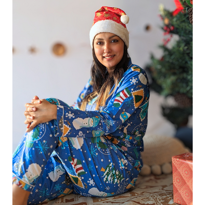 Cotton Pajama Set, Women | Jingle Bells - Blue