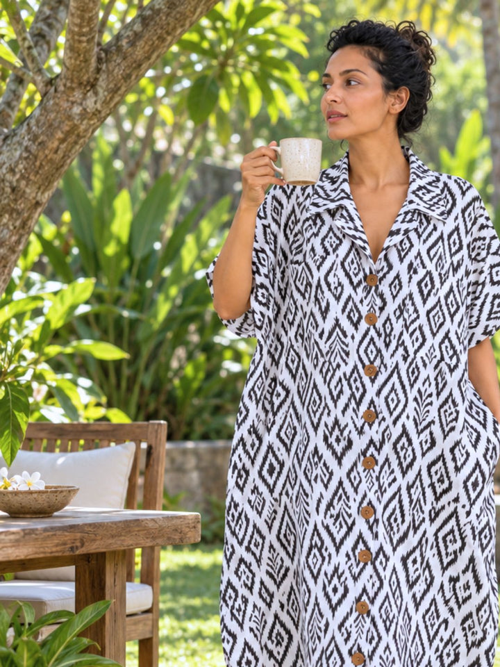 Free size black ikat cotton night dress for women, Ikat Diamond