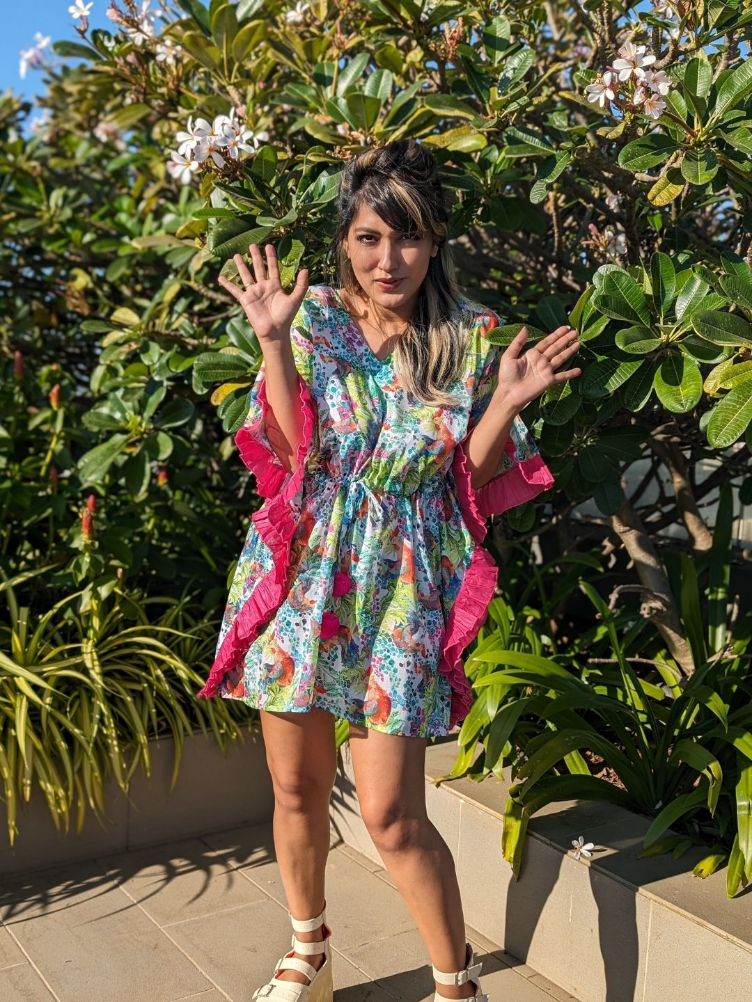 Kukdoo Koo women’s cotton beach kaftan – quirky rooster print summer wear