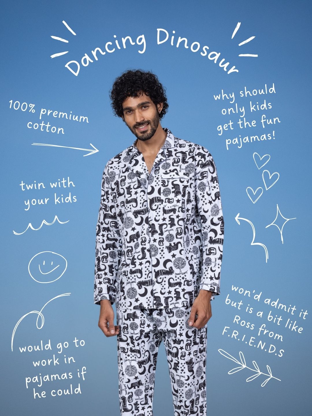 Dinosaur Dancing print men’s cotton night suit – fun cotton sleepwear