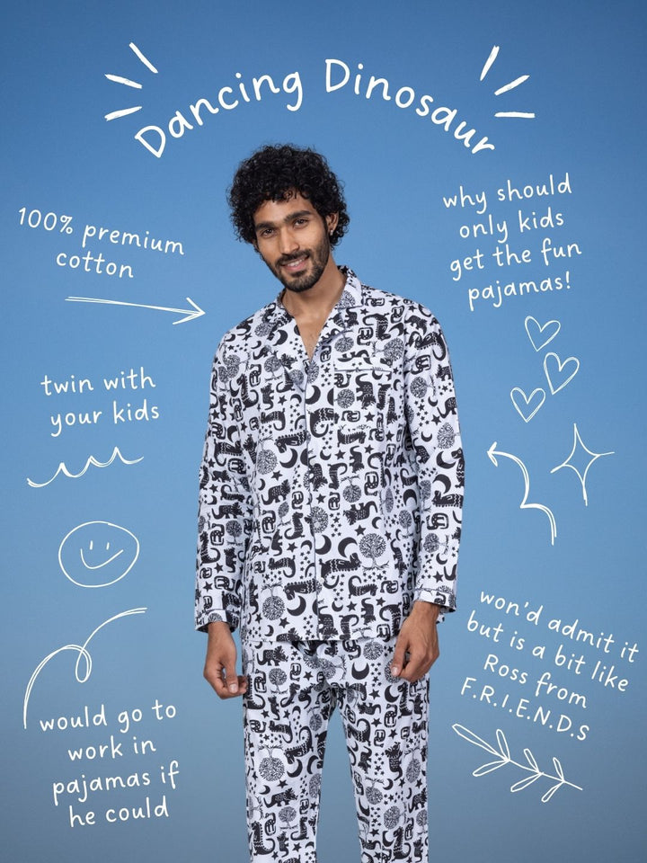 Dinosaur Dancing print men’s cotton night suit – fun cotton sleepwear