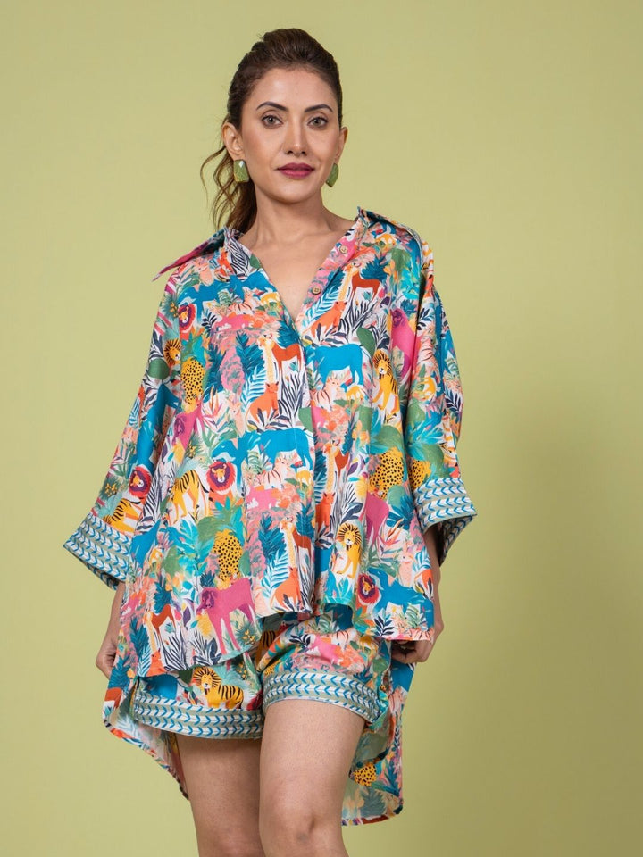 Women’s Cotton Top &amp; Shorts Co-ord Set – Whimsical Forest Print | Breezy Summer Wear by Tura Turi