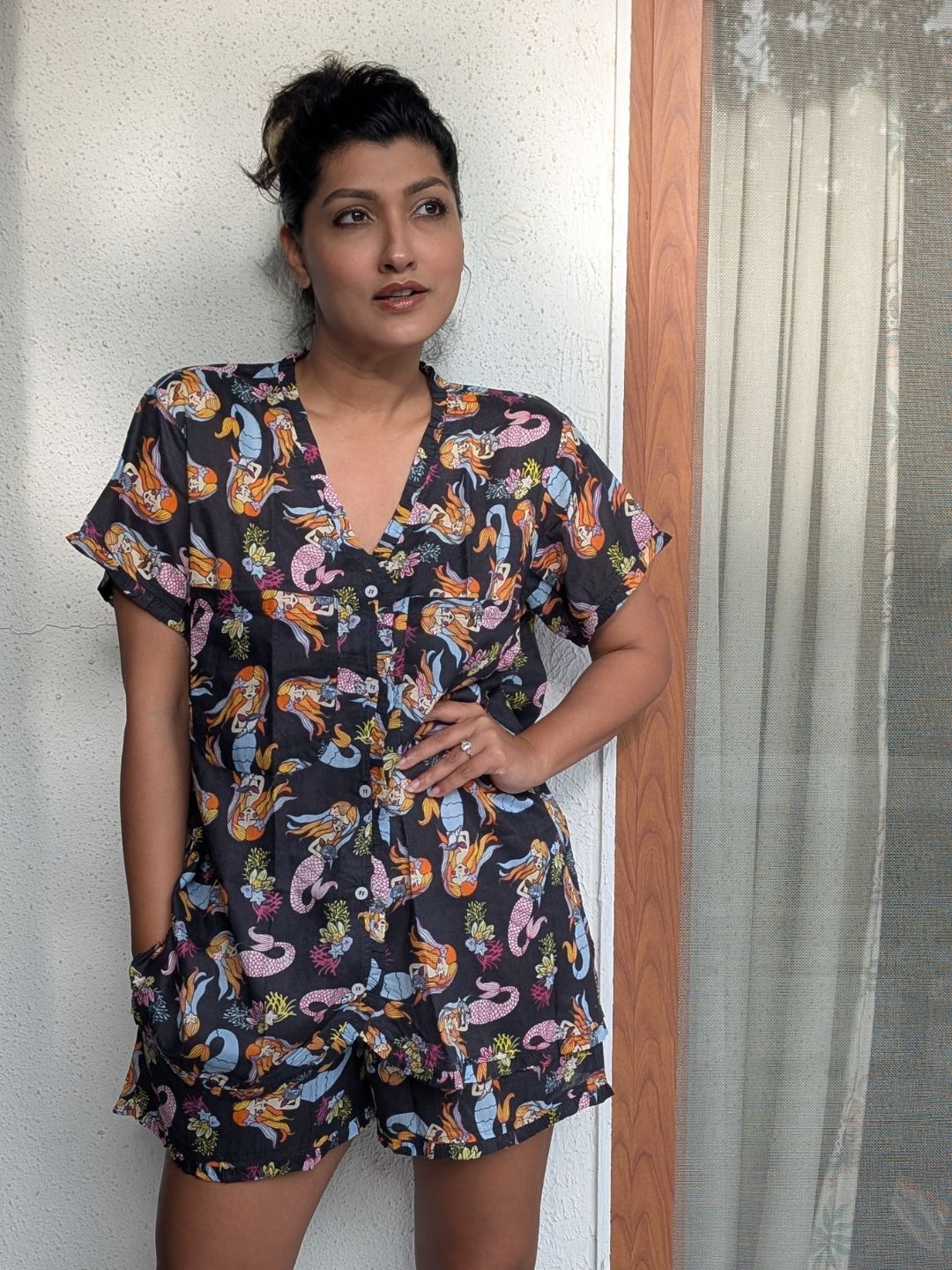 Women's 'No Bra' Night Suit Shorts Set | Mermaid Black