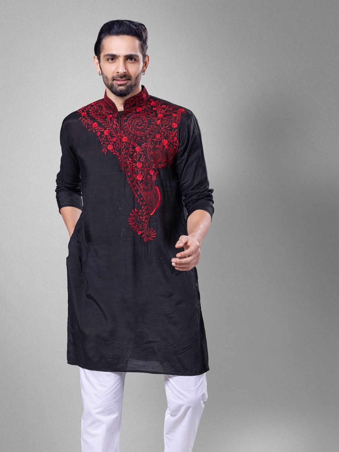 Embroidered Black Viscose Silk Men&