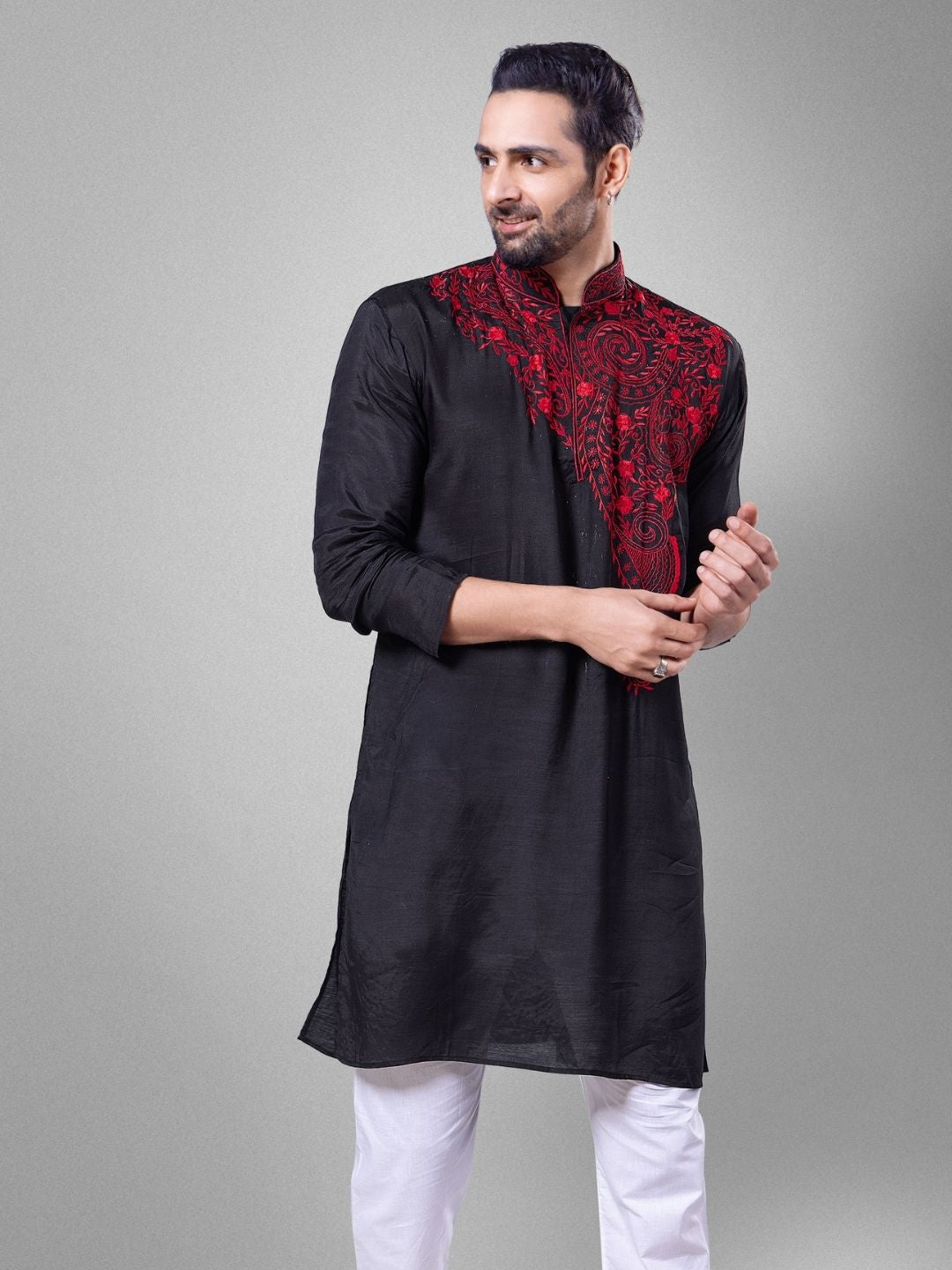 Embroidered Black Viscose Silk Men&