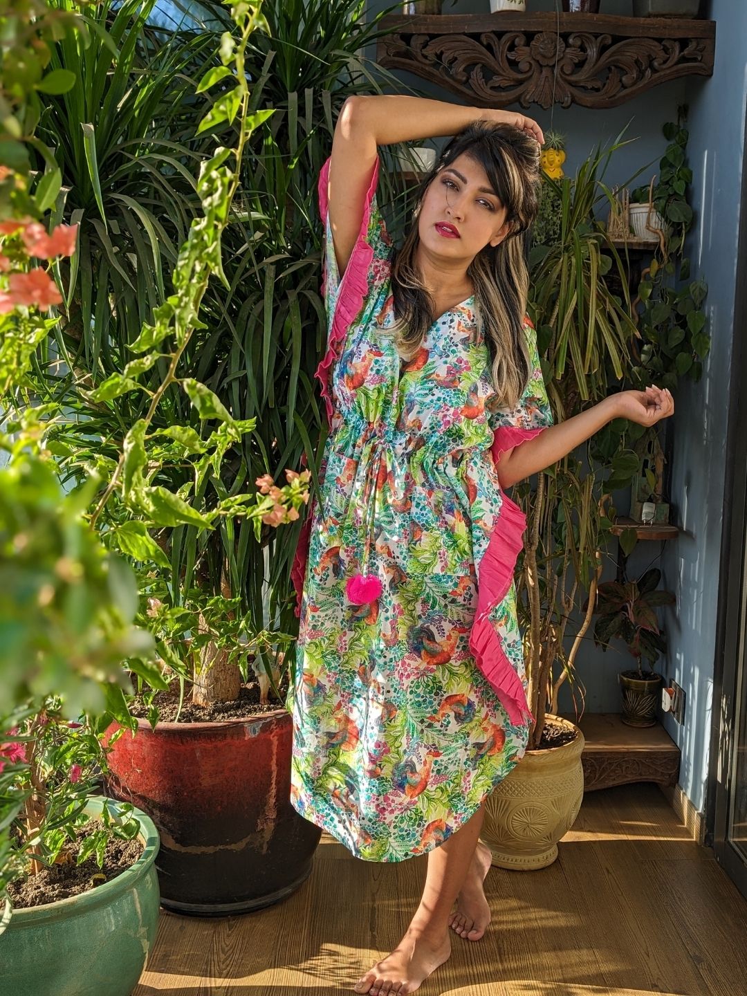 Kukdoo Koo women’s cotton beach kaftan – quirky rooster print summer wear