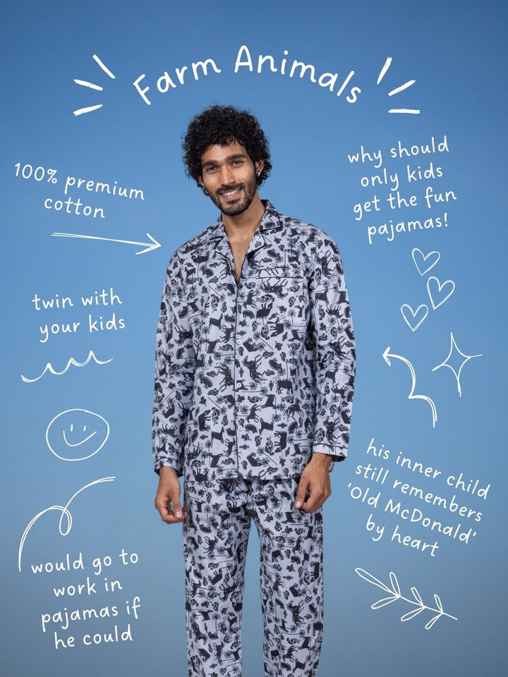 Farm Animals print men’s cotton night suit – countryside cotton sleepwear