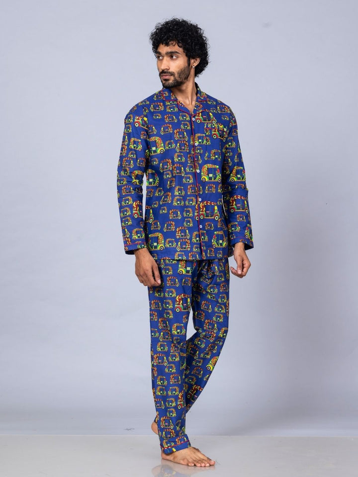 Autorickshaw print men’s cotton night suit – urban cotton loungewear