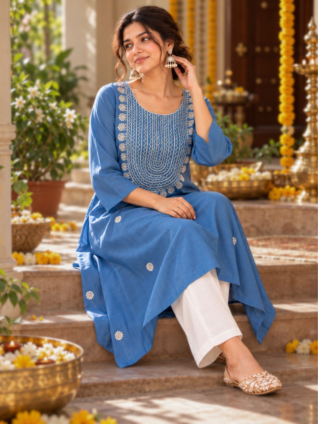 White resham embroidery on Tura Turi Tashan French blue kurta