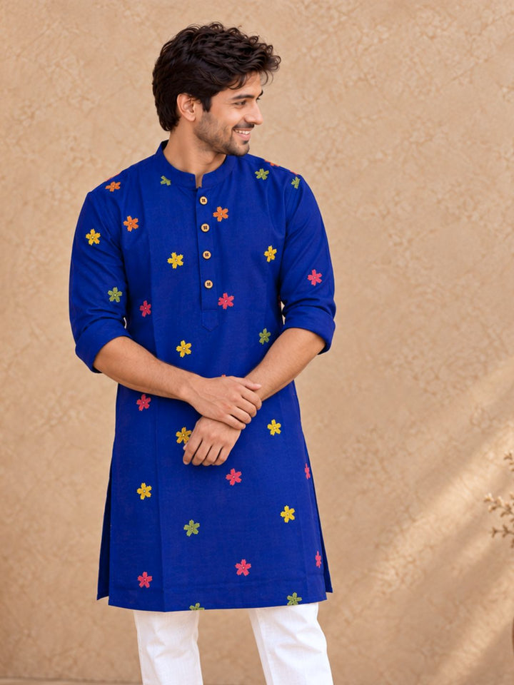 Royal blue embroidered kurta for men, designed for comfortable casual, festive and ethnic dressing. for navratri, diwali and pujas