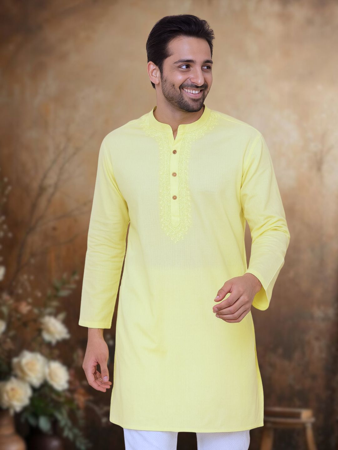 Embroidered Cotton Men's Kurta | Pastel Yellow