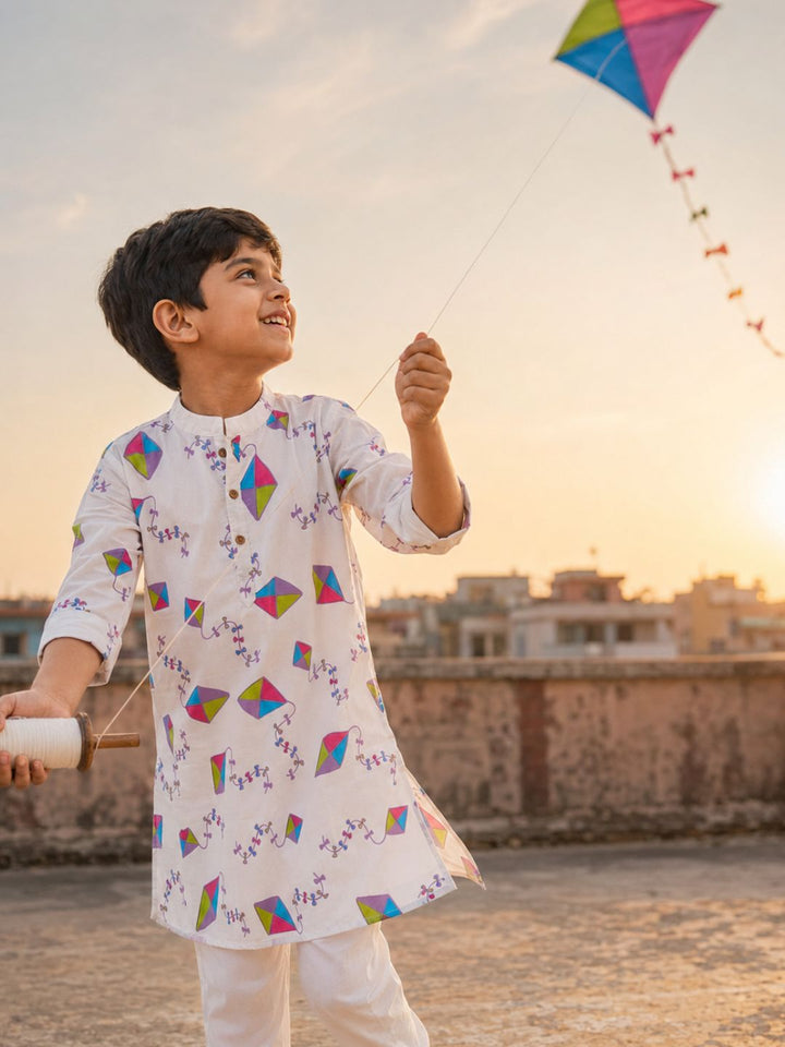 Boys cotton malmal kurta in colourful kites print by Tura Turi