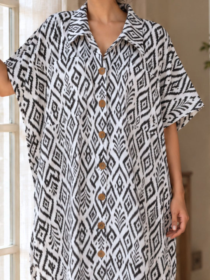 Feeding-friendly cotton night shirt with button front and no bra pockets, Tura Turi