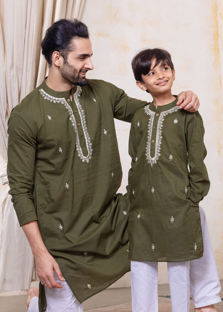Embroidered Malmal Kurta for Boys, Men | Olive Green