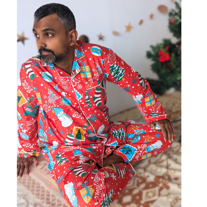 Cotton Night Suit, Men | Jingle Bells - Red