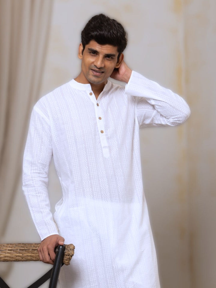 White cotton kurta for men, timeless self-design ethnic wear for pujas and festivals