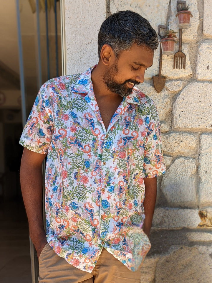 Sea Horse print men’s cotton shirt – breathable nautical shirt