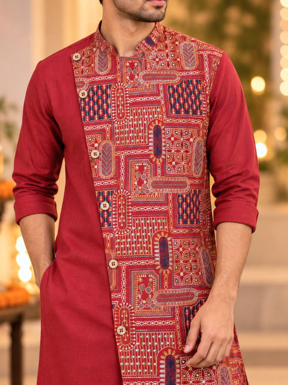 Maroon Utsav cupro silk kurta with Mandarin collar, asymmetrical buttoned crossover front and wide multicolour embroidered panel – photo 7 – Tura Turi