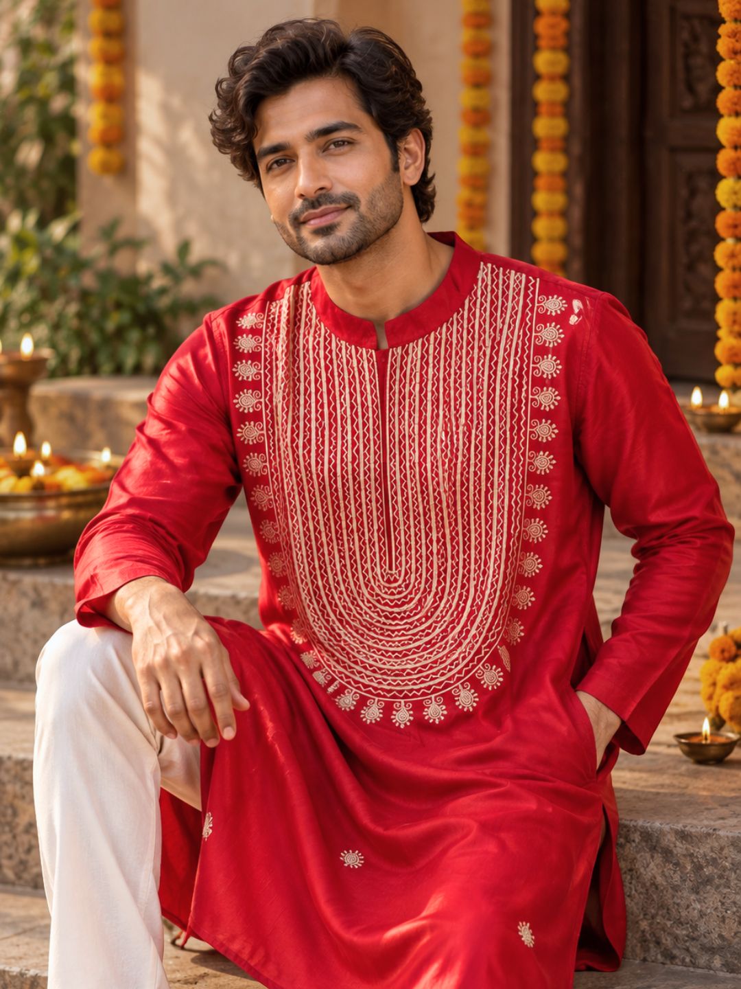 Man wearing festive red silk kurta with dramatic embroidery