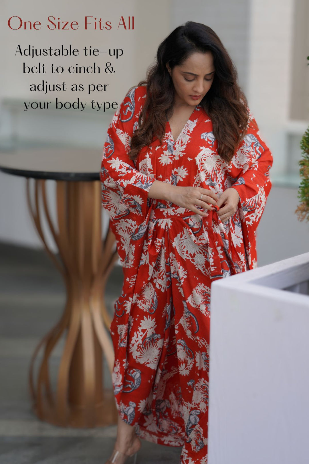 Funky Monkey Red long kaftan dress – bold summer cotton fashion