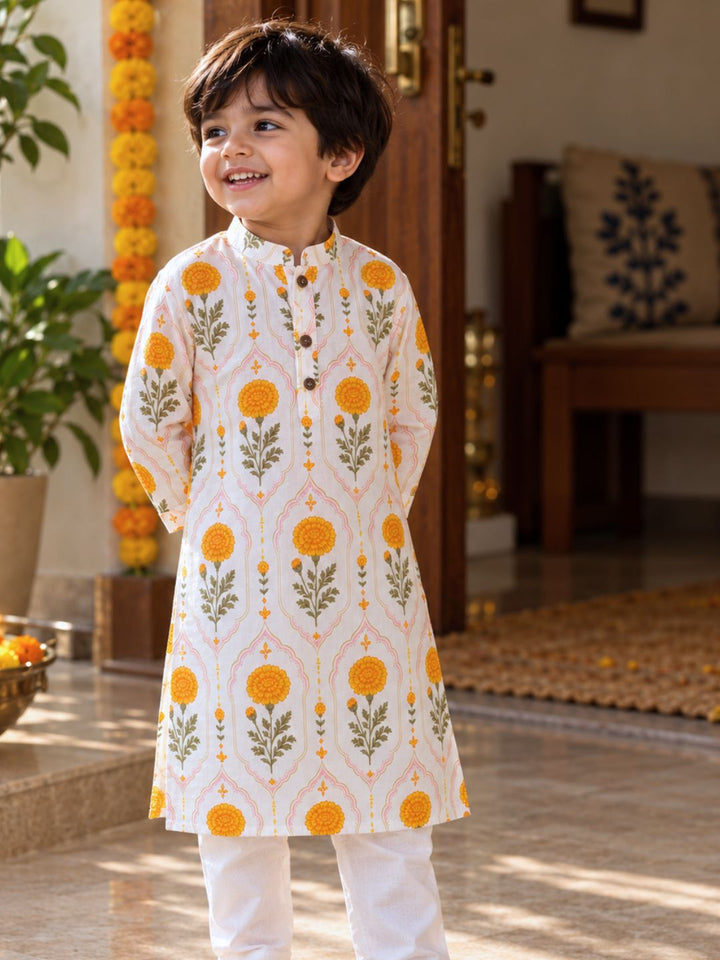 Gendaphool marigold print mulmul kurta for kids, festive wear for Navratri and Diwali