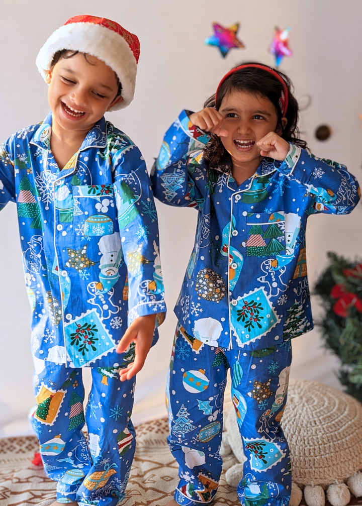 Cotton Night Suit for Kids | Jingle Bells - Blue