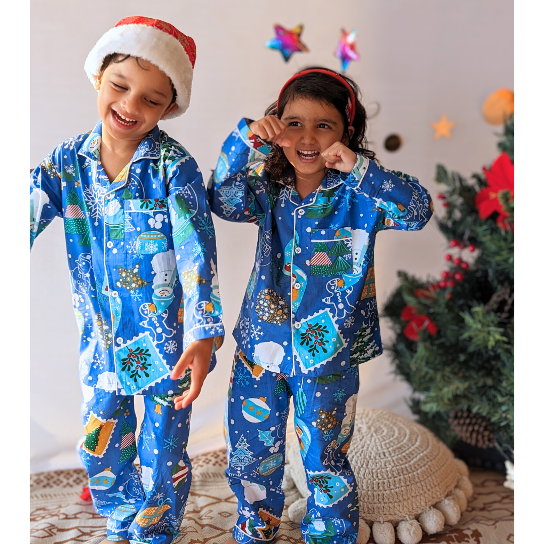 Cotton Pajama Set for Kids | Jingle Bells - Blue