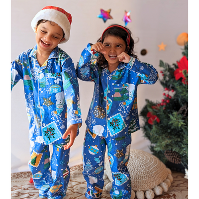Cotton Pajama Set for Kids | Jingle Bells - Blue